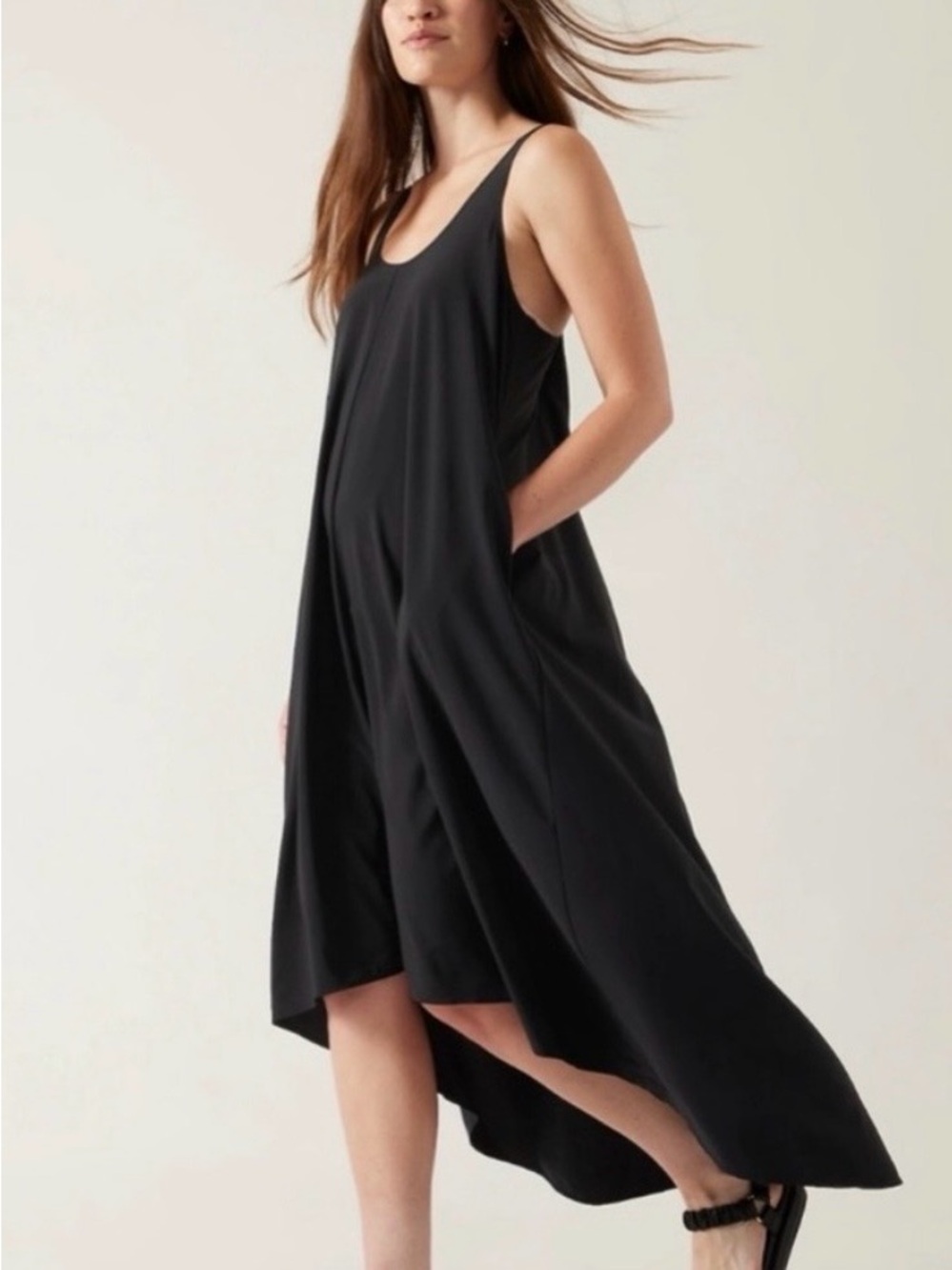Athleta Dark Olive Sleeveless High-Low Flow Dress with Pockets